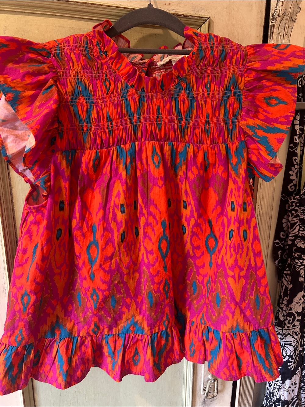Love the Label - Bright Pink & Orange women's Smocked Flutter-Sleeve Top